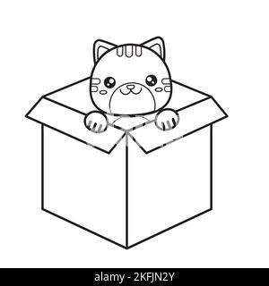 Konturdarstellung einer niedlichen Katze, die in einer Kiste sitzt. Vektor Malbuch. Stock Vektor