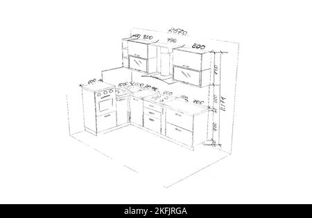 Skizze, Zeichnung von Möbeln für die Küche mit Abmessungen, Designprojekt Stockfoto