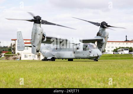 Ein MV-22 Osprey, der Marine Medium Tiltrotor Squadron 265, 1. Marine Aircraft Wing, zugewiesen wurde, landet während des Keen Sword 23 in Camp Foster, Okinawa, Japan, 17. November 2022. Keen Sword ist eine zweijährliche Trainingsveranstaltung, bei der die kombinierten Fähigkeiten und die zwischen der III. Marine Expeditionary Force und der japanischen Boden-Selbstverteidigungskraft entwickelte Letalität trainiert werden. Diese bilaterale Übung im Feldtraining zwischen dem US-Militär und dem JGSDF stärkt die Interoperabilität und die Kampfbereitschaft der US-japanischen Allianz. (USA Video zum Marine Corps von Lance CPL. Tyler Andrews) Stockfoto