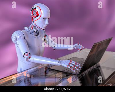 Humanoider Roboter, der mit einem Laptop arbeitet, konzeptuelle Illustration Stockfoto