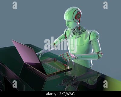 Humanoider Roboter, der mit einem Laptop arbeitet, konzeptuelle Illustration Stockfoto