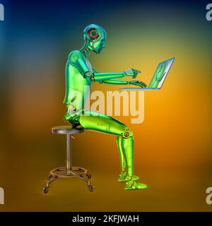 Humanoider Roboter, der mit einem Laptop arbeitet, konzeptuelle Illustration Stockfoto