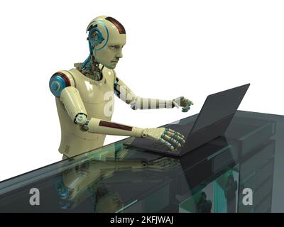 Humanoider Roboter, der mit einem Laptop arbeitet, konzeptuelle Illustration Stockfoto