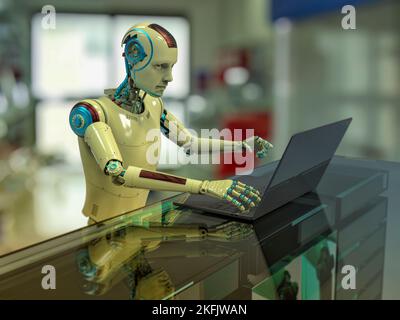 Humanoider Roboter, der mit einem Laptop arbeitet, konzeptuelle Illustration Stockfoto
