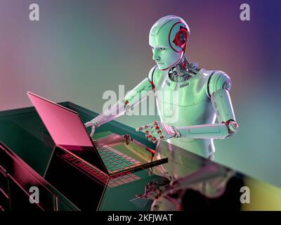 Humanoider Roboter, der mit einem Laptop arbeitet, konzeptuelle Illustration Stockfoto