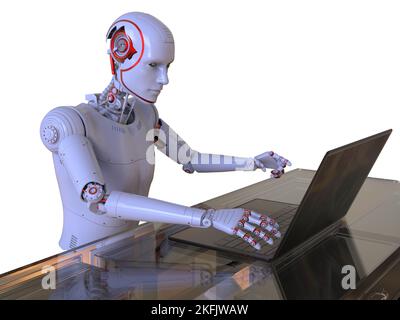Humanoider Roboter, der mit einem Laptop arbeitet, konzeptuelle Illustration Stockfoto