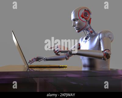 Humanoider Roboter, der mit einem Laptop arbeitet, konzeptuelle Illustration Stockfoto