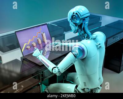 Humanoider Roboter, der mit einem Laptop arbeitet, konzeptuelle Illustration Stockfoto