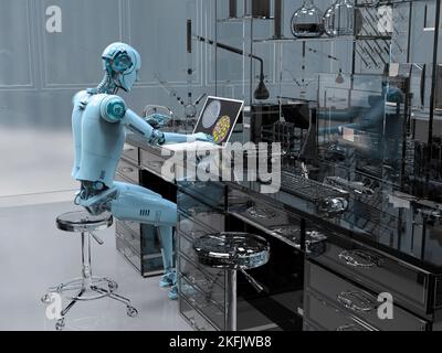 Humanoider Roboter, der mit einem Laptop arbeitet, konzeptuelle Illustration Stockfoto