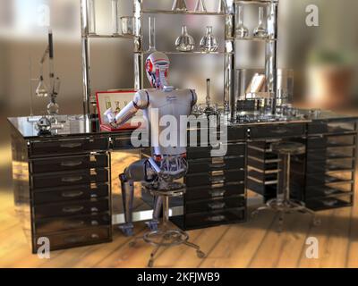 Humanoider Roboter, der mit einem Laptop arbeitet, konzeptuelle Illustration Stockfoto