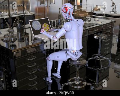 Humanoider Roboter, der mit einem Laptop arbeitet, konzeptuelle Illustration Stockfoto