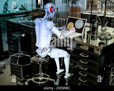 Humanoider Roboter, der mit einem Laptop arbeitet, konzeptuelle Illustration Stockfoto