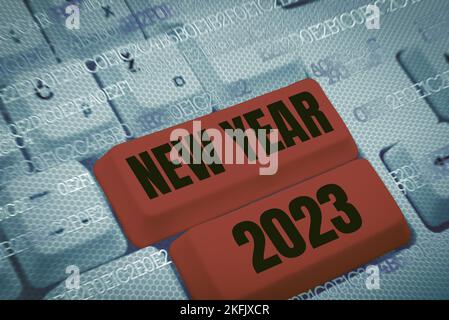 Textüberschrift zur Präsentation von Neujahr 2023. Geschäftsansatz Begrüßung zu Weihnachten Fresh Start Best Wishes Stockfoto