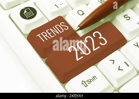 Zeichen mit Trendanzeige 2023. Internet-Konzept im kommenden Jahr vorherrschende Tendenz wird online ausführlich diskutiert Stockfoto