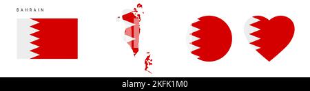 Symbol für Bahrain-Flagge gesetzt. Bahraini-Wimpel in offiziellen Farben und Proportionen. Rechteckig, kartenförmig, Kreis- und herzförmig. Flache Abbildung isoliert Stockfoto