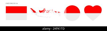 Symbol für indonesische Flagge gesetzt. Indonesische Wimpel in offiziellen Farben und Proportionen. Rechteckig, kartenförmig, Kreis- und herzförmig. Flache Abbildung ist Stockfoto