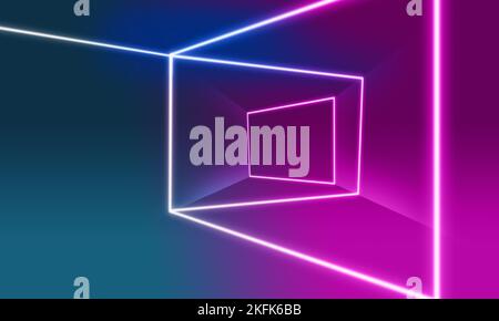Ultraviolette abstrakte Lichter Linie mit blauen und rosa Farbverlauf. Moderner Neonlichthintergrund. Leere Abbildung der Stufe 3D Stockfoto