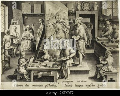 Die Erfindung der Ölmalerei, c. 1591. Künstleratelier: Porträtmalerei; St. George und der Drache; Assistenten, die Pigmente schleifen. Stockfoto