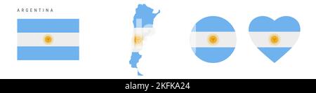 Symbol für argentinische Flagge gesetzt. Argentinischer Wimpel in offiziellen Farben und Proportionen. Rechteckig, kartenförmig, Kreis- und herzförmig. Flache Abbildung i Stockfoto