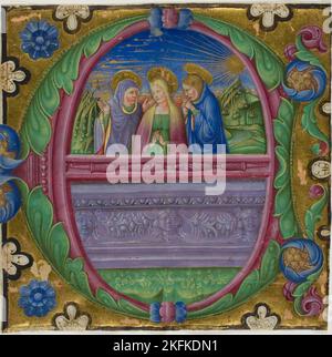 Die drei Marys am Grab in einem historisierenden Initial "E" aus einem Choirbook, 1470/80. Stockfoto