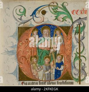 Die Heiligen Barbara, Catherine, Andrew, John the Baptist, Lawrence und Thomas &#XE0; Beckett in einem historisierenden Anfangsbuchstaben "E" von A Missal or Breviary, 1460/70. Stockfoto