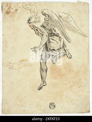 Fliegender Engel mit Skizzen von Dove und Putto Kopf, n.d. Anhänger von Donato Creti. Stockfoto