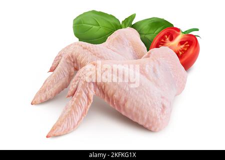 Rohe Hähnchenflügel isoliert auf weißem Hintergrund mit voller Schärfentiefe Stockfoto