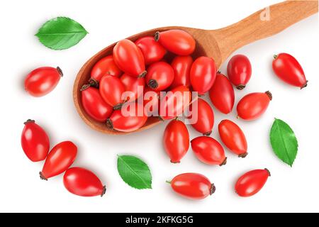 Rose hip in Holzlöffel isoliert auf weißem Hintergrund mit voller Schärfentiefe. Draufsicht. Flach verlegt. Stockfoto