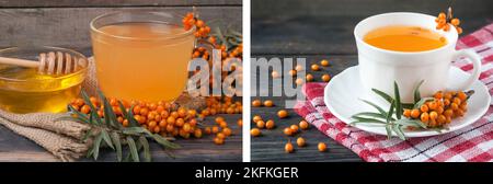 Tee Sanddorn Beeren mit Honig auf Sack und einem hölzernen Hintergrund. Stockfoto