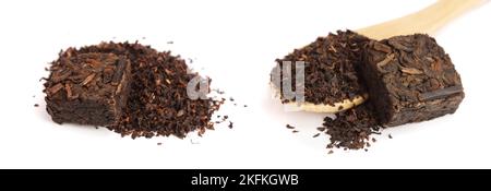 Puer Tee quadratische Form auf weißem Hintergrund. Gedrückt Chinesischen fermentiert Pu-erh Tee. Stockfoto