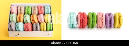 Bunte macarons in Feld auf Gelb weißen Hintergrund Nahaufnahme. Stockfoto