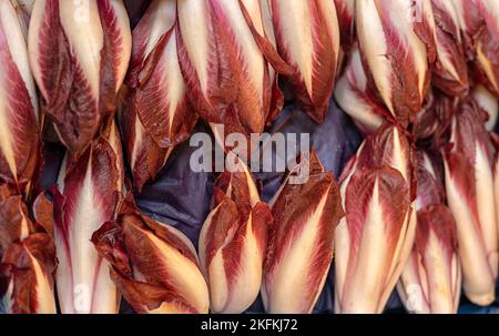 Leiter von Red Chicory auf einem Gemüsehändler-Stand auf einem Lebensmittelmarkt Stockfoto