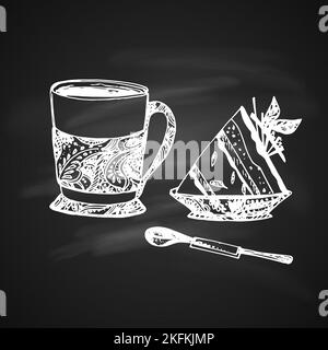 Handgezeichnete Kreide Skizze auf Tafel von Tee Tasse mit köstlichen Käsekuchen und Teelöffel. Vintage-Skizze. Ideal für Banner, Label, Poster Stock Vektor