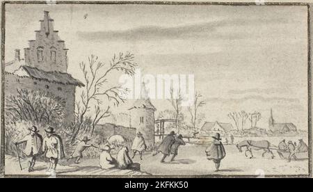 Skaters on Pond Outside Town, n.d. Allart van Everdingen zugeschrieben. Stockfoto