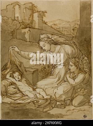 Jungfrau und schlafender Christus Kind mit dem Kindlein Johannes dem Täufer, 18. Jahrhundert. Stockfoto