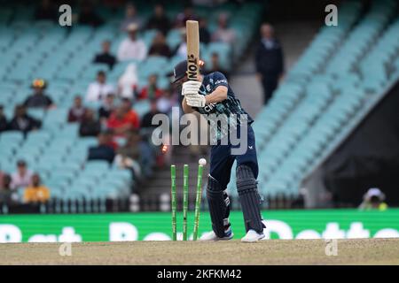 Phil Salt of England wurde von Josh Hazlewood of Australia während des zweiten Spiels der One Day International-Serie zwischen Australien und England auf dem Sydney Cricket Ground am 19. November 2022 in Sydney, Australien, gebeizt.(Foto: Izhar Khan) BILD NUR FÜR REDAKTIONELLE VERWENDUNG - ABSOLUT KEINE KOMMERZIELLE NUTZUNG Stockfoto