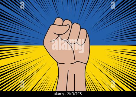 Menschliche Faust geballtes Symbol auf Flagge der Ukraine Hintergrund. Power and Strength-Logo Stock Vektor