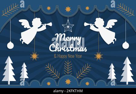 Schriftzug Frohe Weihnachten und glückliches Neues Jahr Weihnachtsbanner im Papierstil mit Weihnachtsbaumschmuck Sterne Kugeln Tannen und Engel Stock Vektor