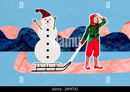 Kreative Foto 3D Collage Kunstwerk Postkarte von lustigen kleinen Persönlichkeit Blick voraus warten weihnachtsmann isoliert auf Malerei Hintergrund Stockfoto