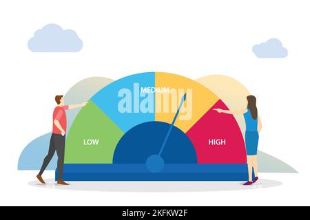 Symbol für das Risikobewertungskonzept mit Tachometer und Personen analysieren und diskutieren mit moderner Vektorgrafik im flachen Stil Stockfoto