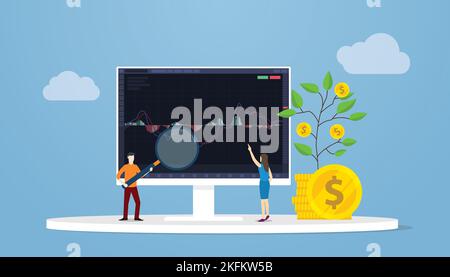 macd Moving Average Convergence Divergence Indicator für den Börsenhandel mit Big Screen und Candle Stick mit Menschen analysieren Screen Monitor-Modus Stockfoto
