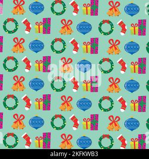 fröhliches weihnachtsmuster mit weihnachtskranz, Glaskugel, Socken, Glocken und Geschenken Stock Vektor