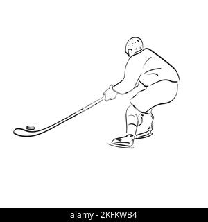 Linie Kunst Rückansicht des männlichen Spielers Hockey auf Eis Illustration Vektor Hand auf weißem Hintergrund isoliert gezeichnet Stock Vektor