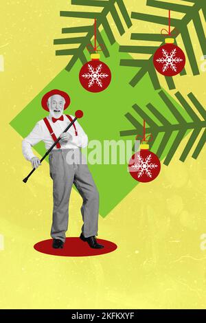 Vertikale kreative Collage Foto von Senior pensioniert lustig positive Mann tragen roten Hut halten Stick tanzen isoliert auf gelbem Hintergrund Stockfoto