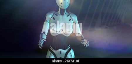 Der Roboter für künstliche Intelligenz arbeitet mit einer unsichtbaren Schnittstelle. Stockfoto