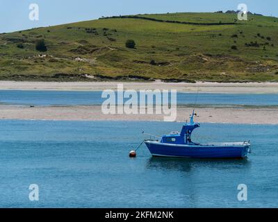 Bei Ebbe, einer Küstenlandschaft, ist in der Bucht ein kleines Boot vor Anker gegangen. Ein Boot im seichten Wasser an einem sonnigen Tag. Irische Meereslandschaft, Boot. Stockfoto