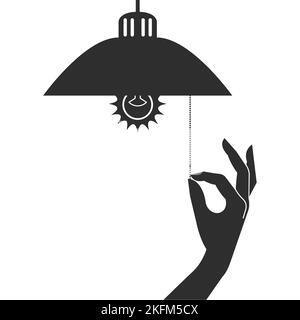 Energie sparen, Lampenschirm und Hand der Frau schaltet Licht mit Pull-Chain-Schalter, Lampe Energieeffizienz, Vektor Stock Vektor