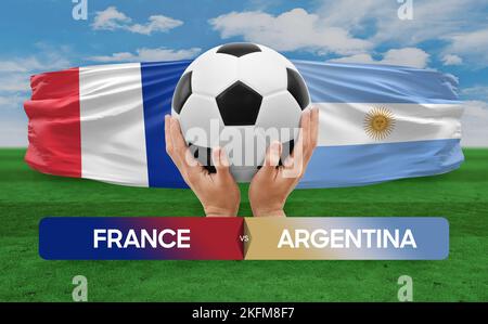 Konzept des Fußballspiels zwischen den Nationalmannschaften Frankreich und Argentinien. Stockfoto
