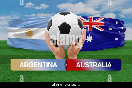 Konzept des Fußballspiels der Nationalmannschaften Argentinien gegen Australien. Stockfoto