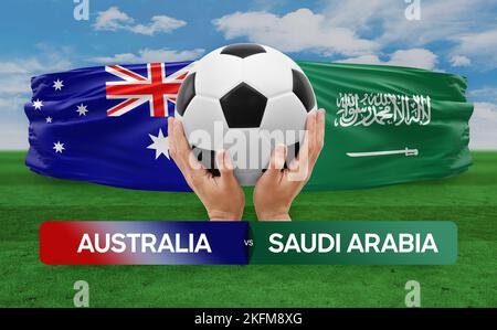 Konzept für Fußballspiele der Nationalmannschaften Australien gegen Saudi-Arabien. Stockfoto